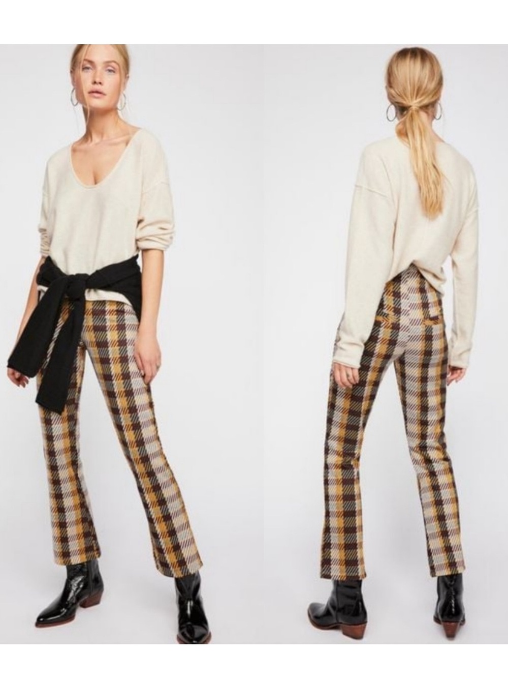 Free People Clean Crop Flare Pants in Plaid Print Retro Size 2